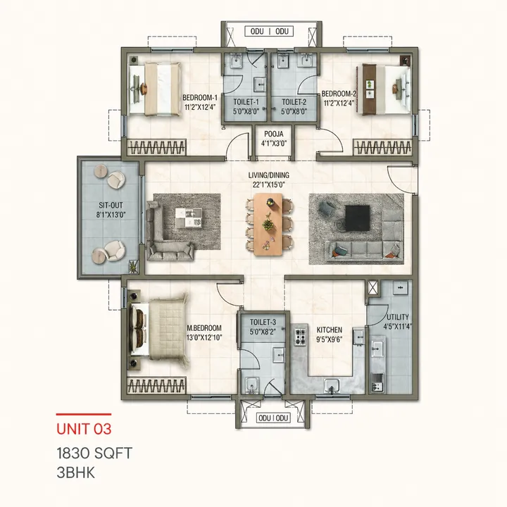 3 BHK floor plan of Poulomi Florique