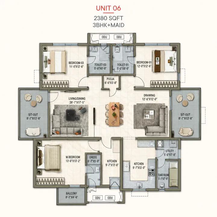 3 BHK plus maid floor plan of Poulomi Florique