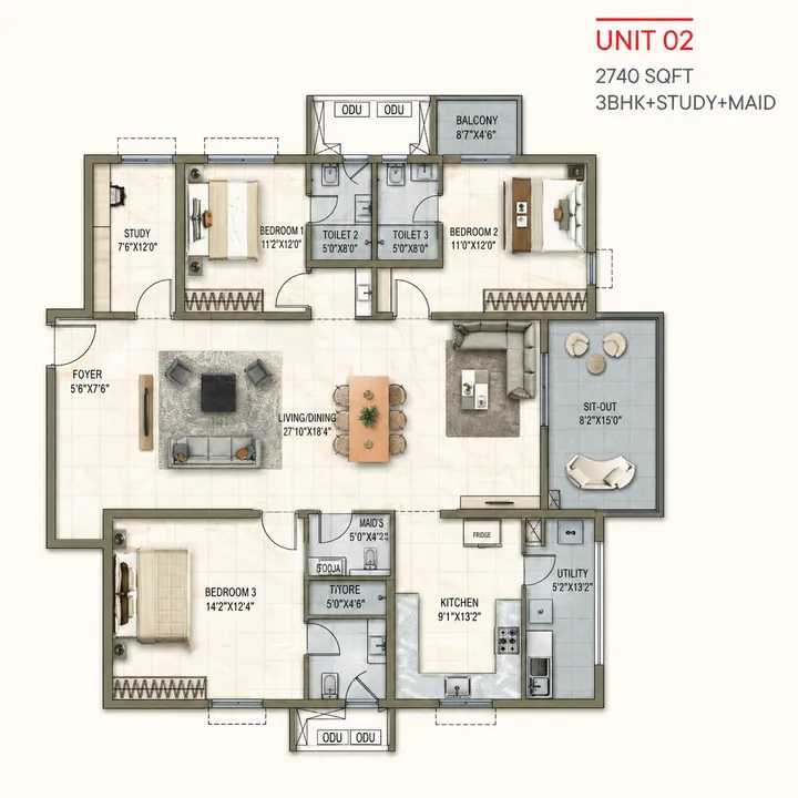 3.5 BHK plus maid floor plan of Poulomi Florique